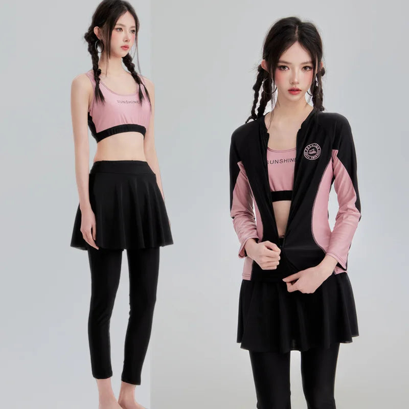 Sporty Long Sleeve Women's Swimsuit Four Piece Set Conservative Separate Beach Surfing Swimwear Polyester Fabric with Chest Pad
