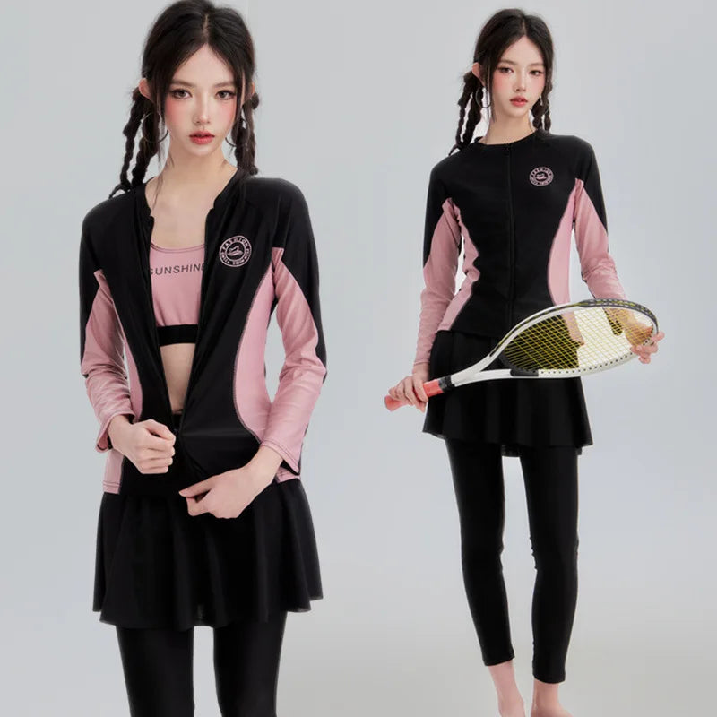 Sporty Long Sleeve Women's Swimsuit Four Piece Set Conservative Separate Beach Surfing Swimwear Polyester Fabric with Chest Pad